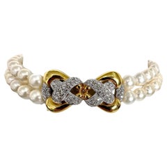 Emis Beros Double Strand Pearl Necklace with Bold Diamond and Yellow Gold Clasp