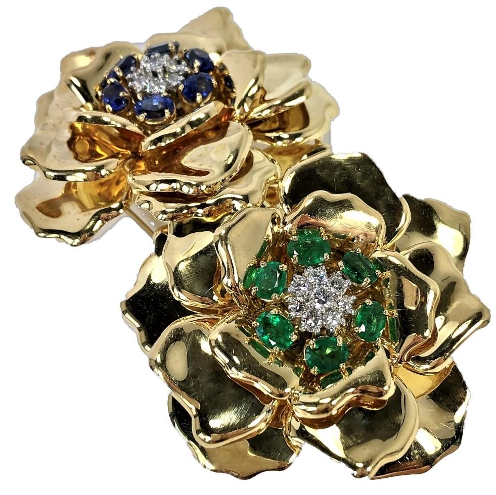 Emis Beros Gold, Emerald, Sapphire and Diamond Large Scale Double Flower Brooch In Good Condition In Palm Beach, FL