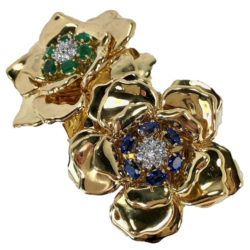 Women's Emis Beros Gold, Emerald, Sapphire and Diamond Large Scale Double Flower Brooch