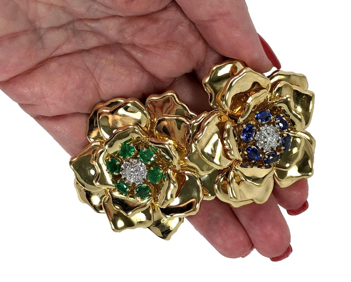 Emis Beros Gold, Emerald, Sapphire and Diamond Large Scale Double Flower Brooch 1