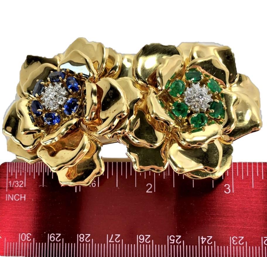 Emis Beros Gold, Emerald, Sapphire and Diamond Large Scale Double Flower Brooch 2