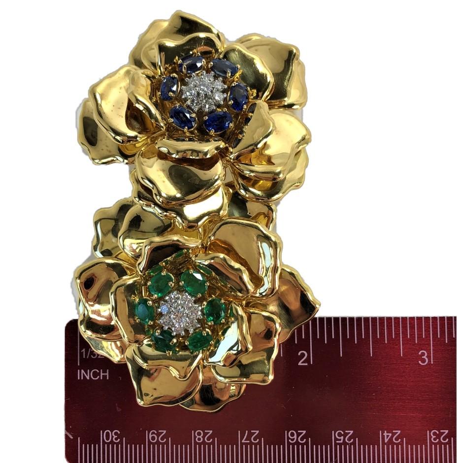 Emis Beros Gold, Emerald, Sapphire and Diamond Large Scale Double Flower Brooch 3