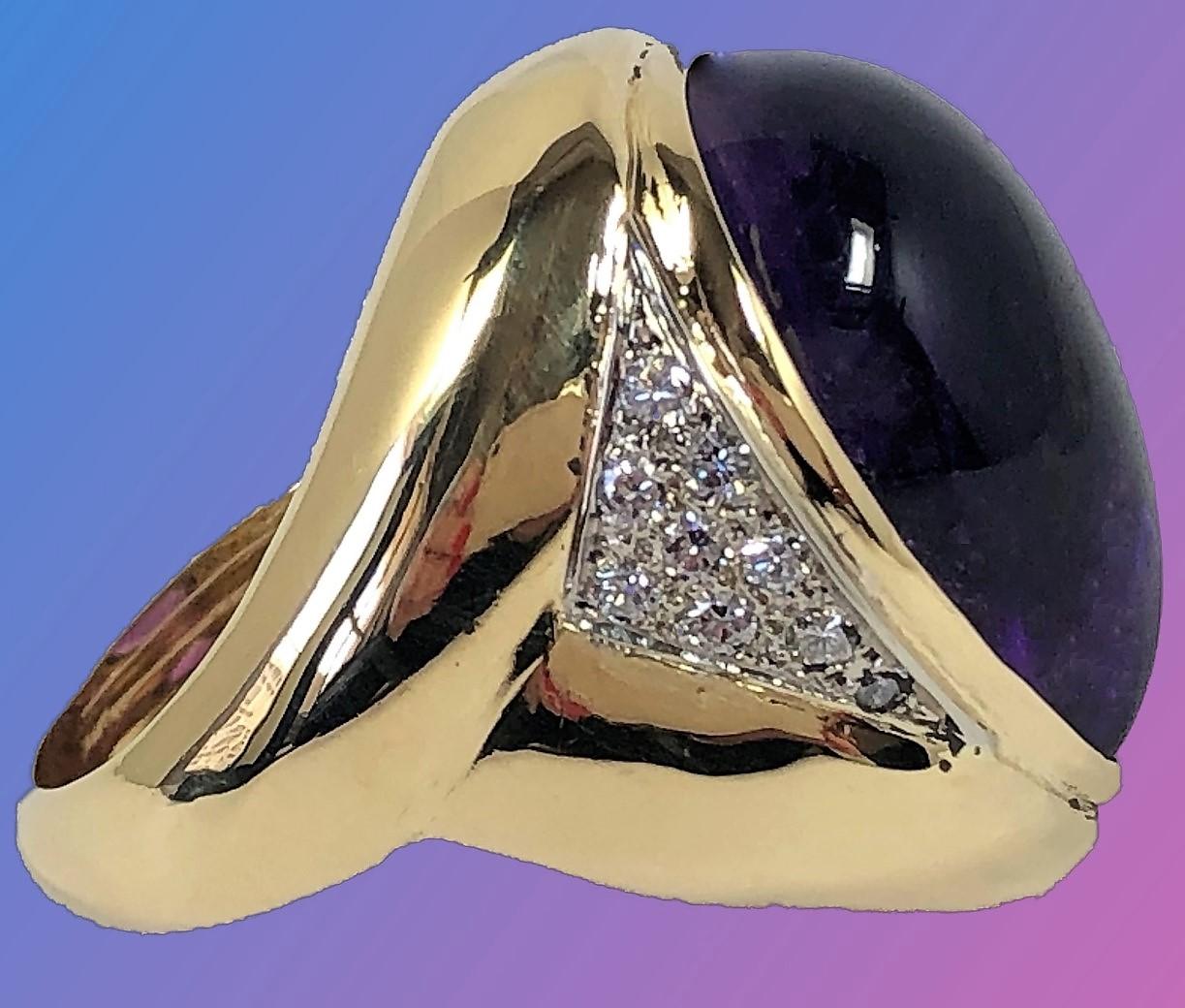 Women's Emis Beros Pear Shape Cabochon Amethyst, Gold and Diamond Ring