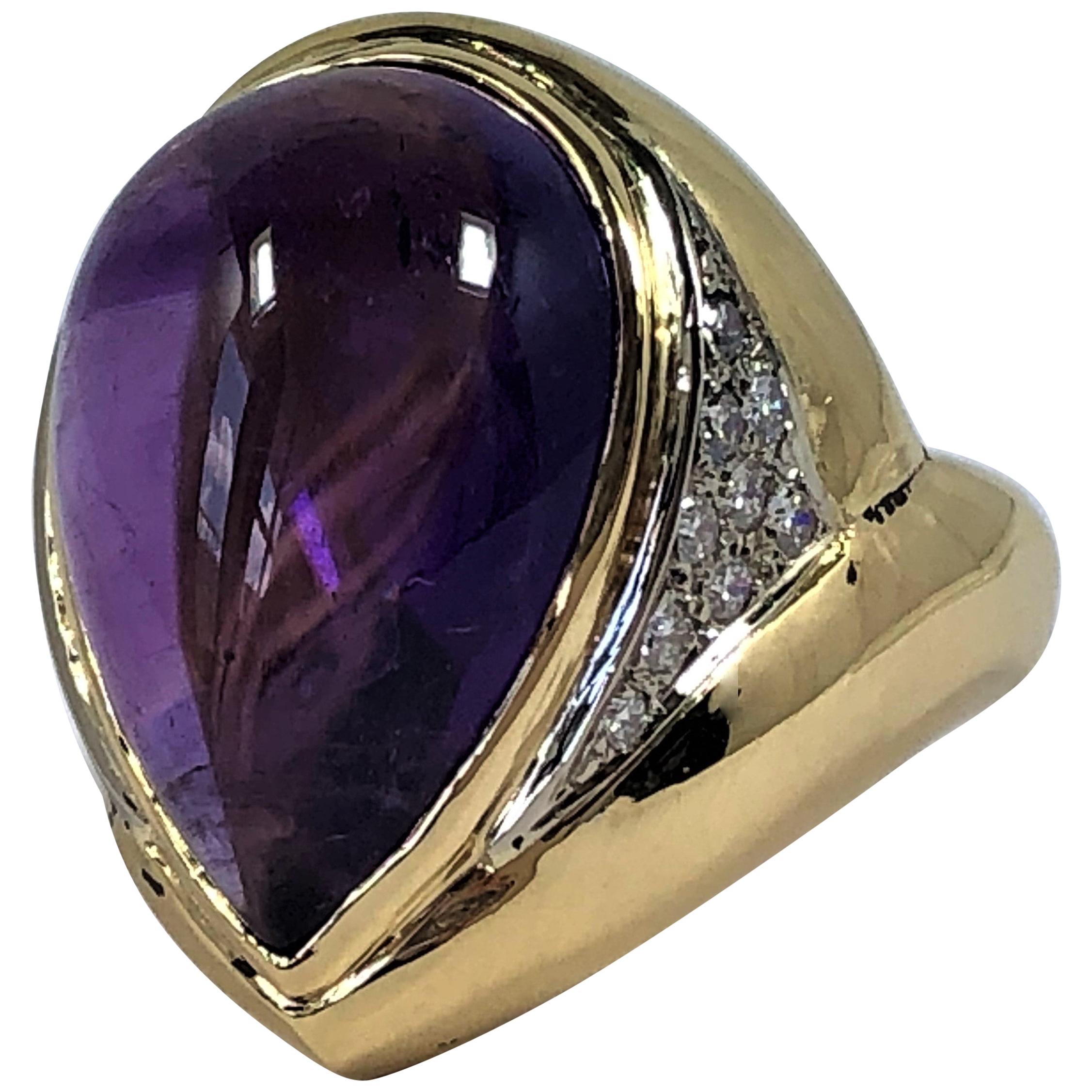 Emis Beros Pear Shape Cabochon Amethyst, Gold and Diamond Ring