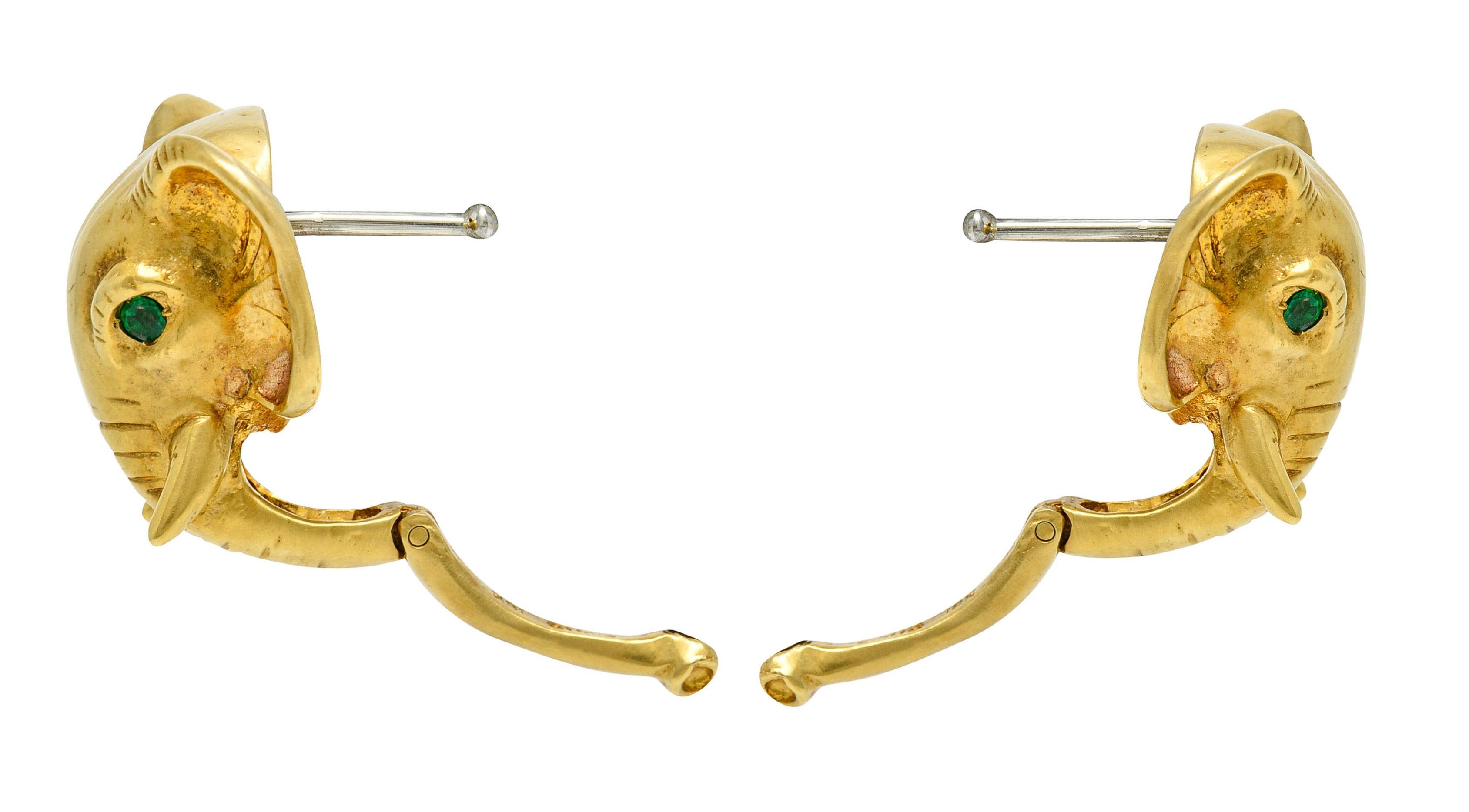 Contemporary Emis Beros Vintage Emerald 18 Karat Gold Elephant Animal Hoop Earrings