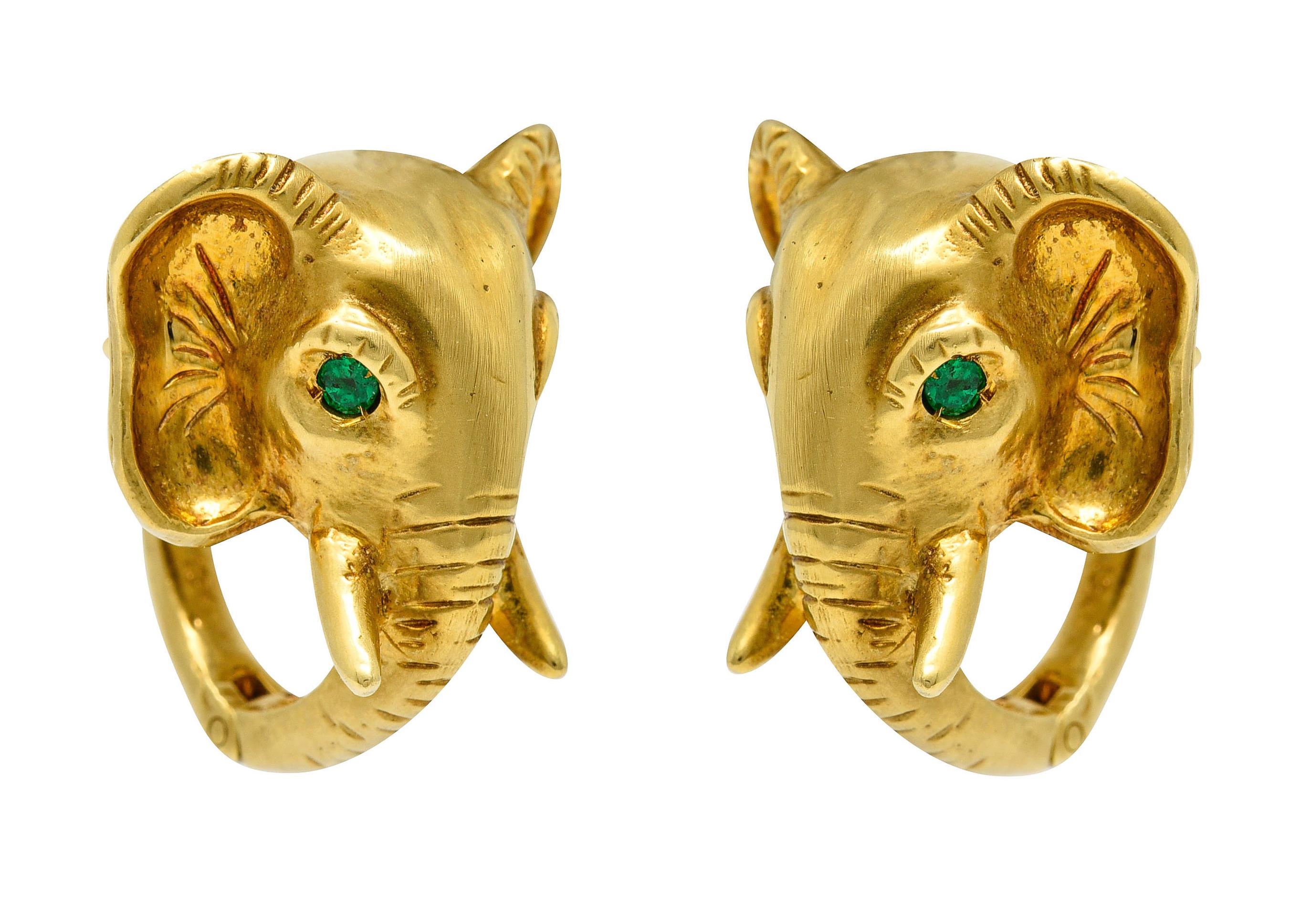Emis Beros Vintage Emerald 18 Karat Gold Elephant Animal Hoop Earrings In Excellent Condition In Philadelphia, PA