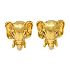 Emis Beros Vintage Emerald 18 Karat Gold Elephant Animal Hoop Earrings