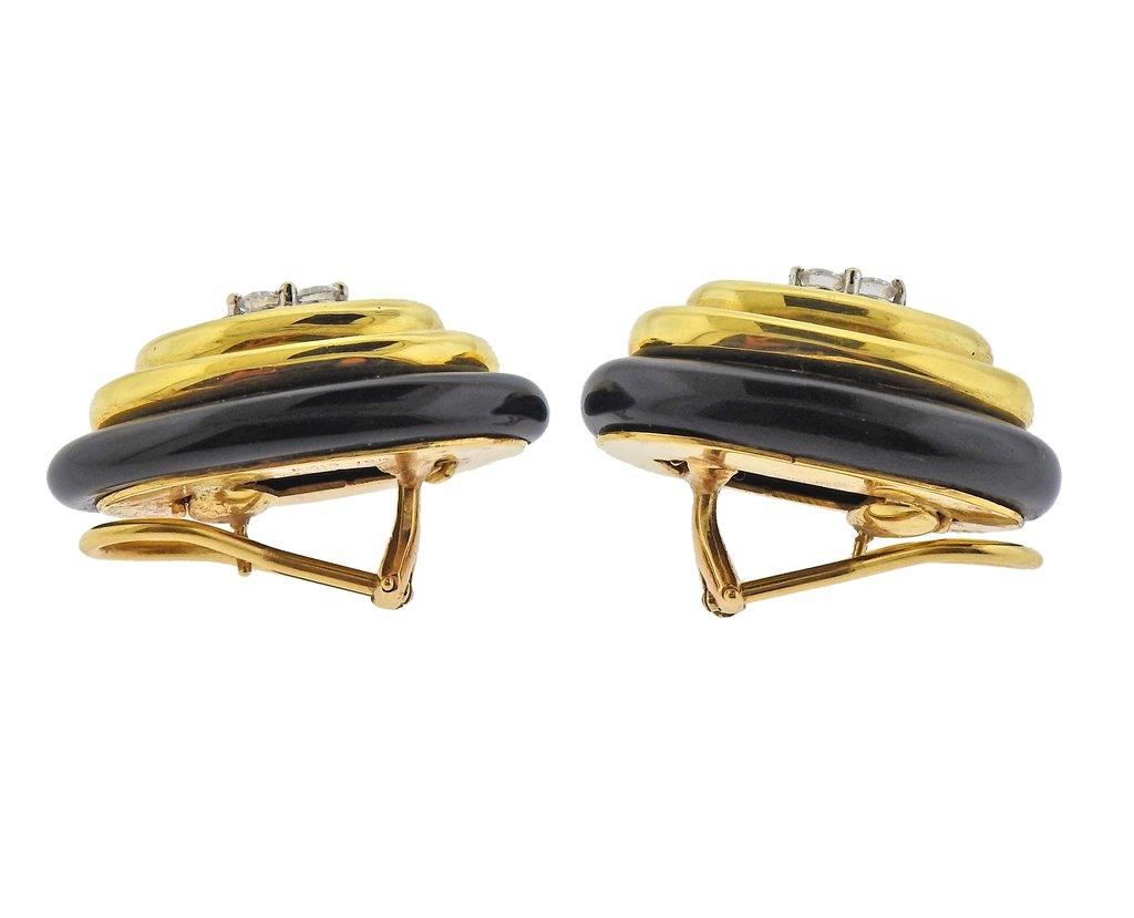 18k Gold Onyx earrings made by Emis. Set with 1.00ctw of G/VS diamonds. Posts are broken.  Earrings are 30mm x 20mm. Weight - 25.4 grams. Marked: Emis, 18k. 