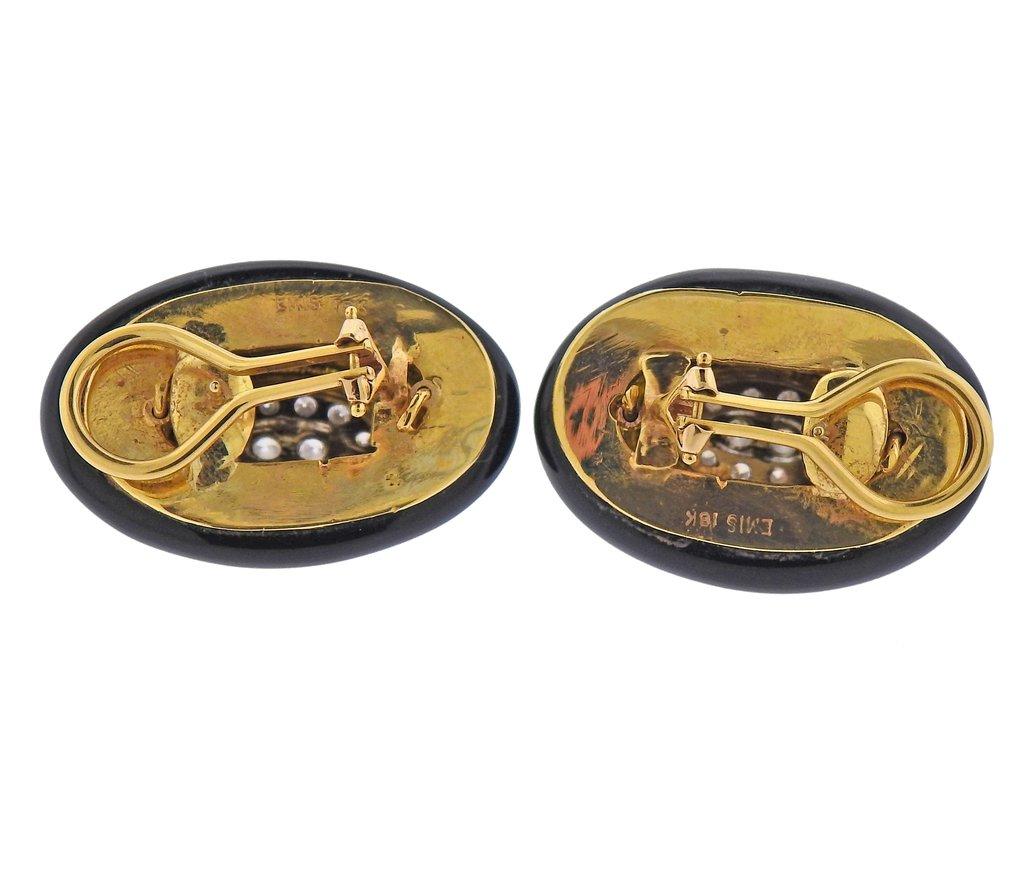 Round Cut Emis Gold Onyx Diamond Earrings