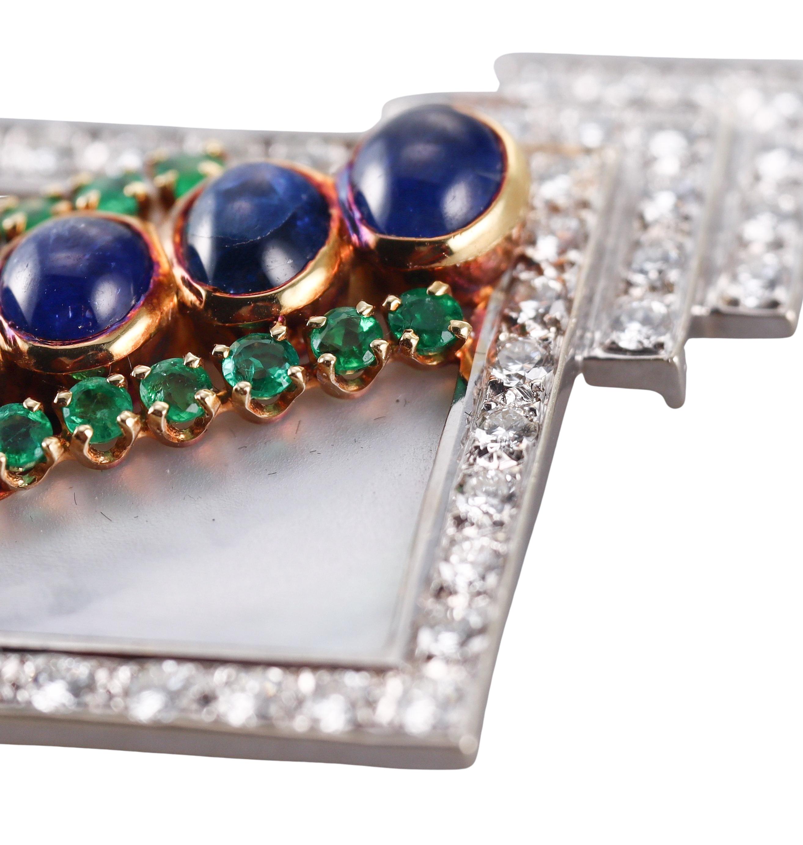 Round Cut Emis Sapphire Emerald Diamond Mother of Pearl Gold Brooch For Sale