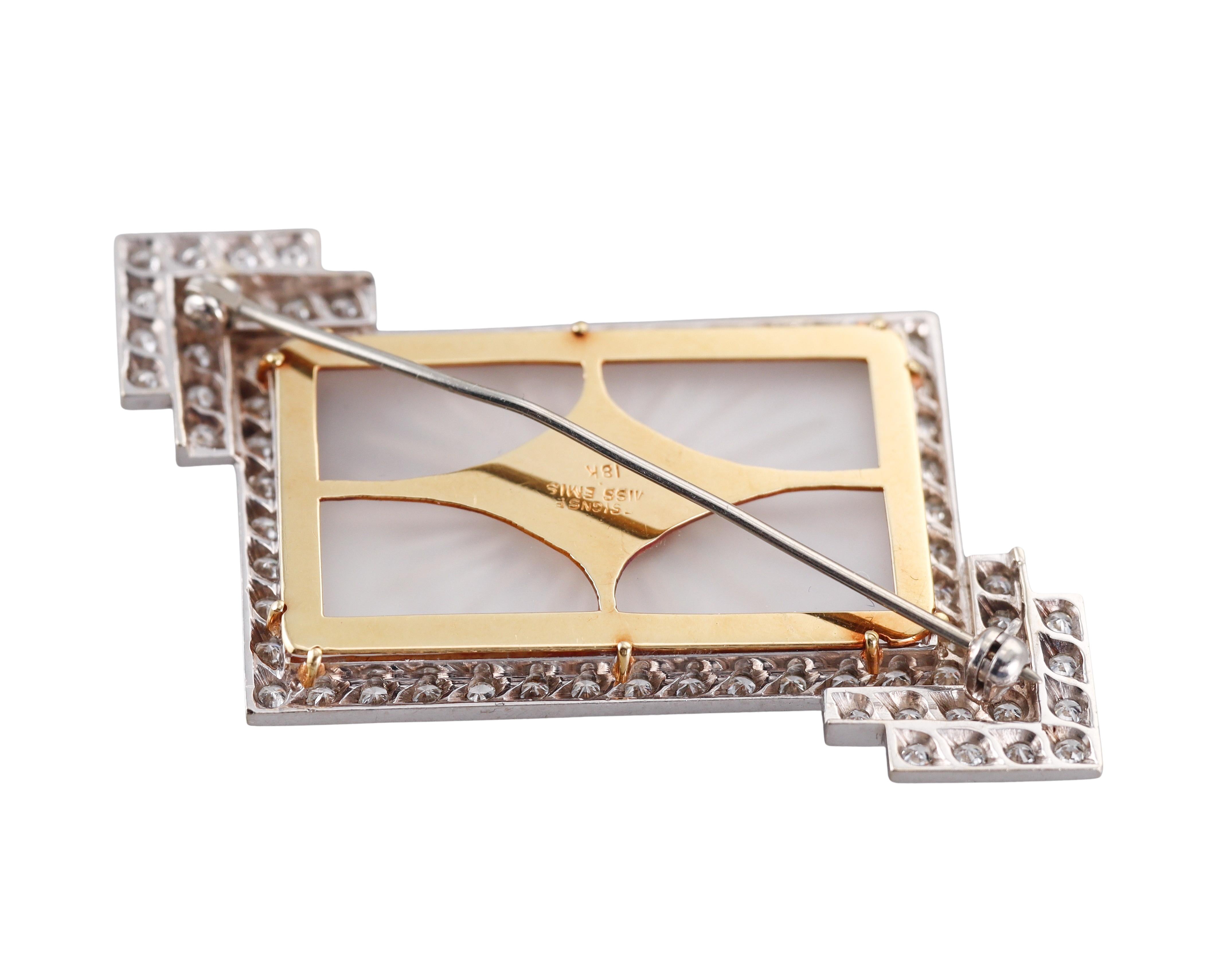 Women's Emis Sapphire Emerald Diamond Mother of Pearl Gold Brooch For Sale
