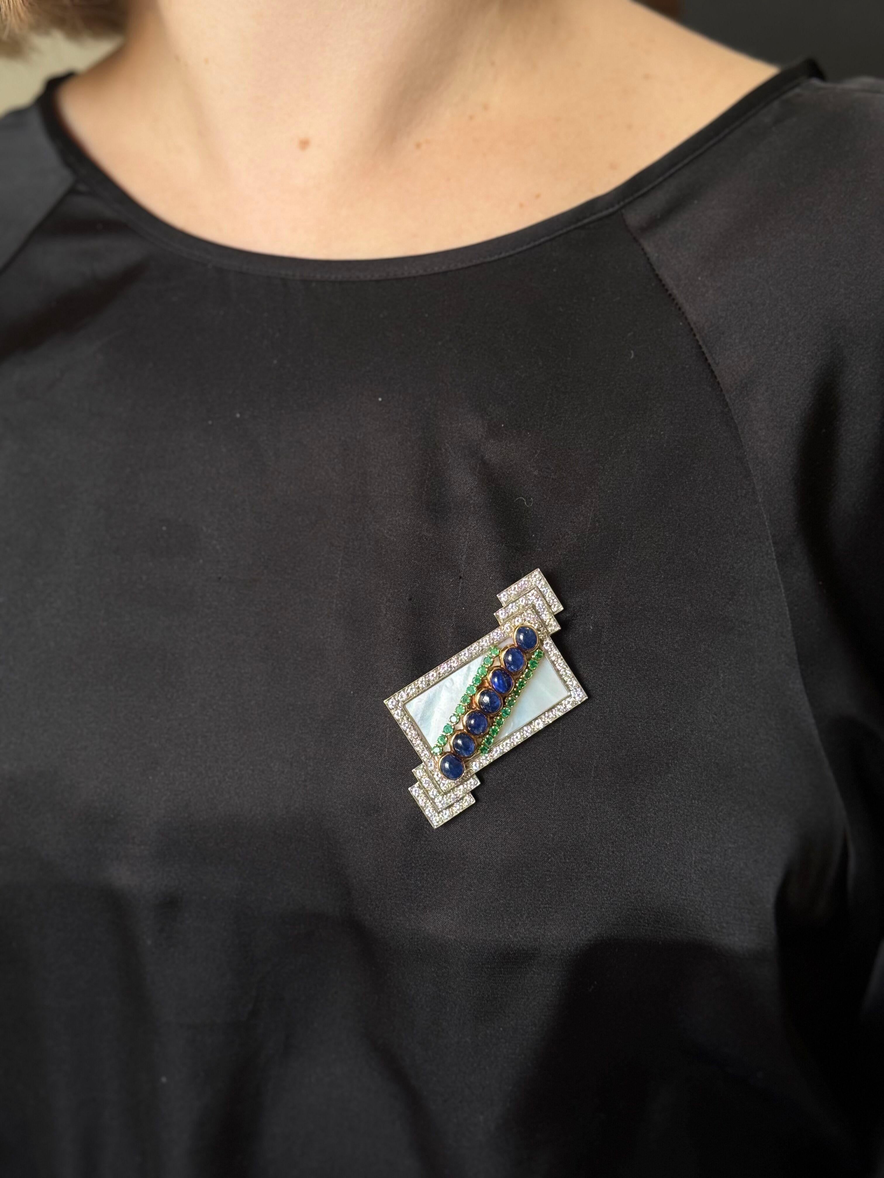 Emis Sapphire Emerald Diamond Mother of Pearl Gold Brooch For Sale 2