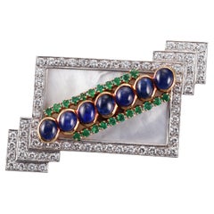 Emis Sapphire Emerald Diamond Mother of Pearl Gold Brooch