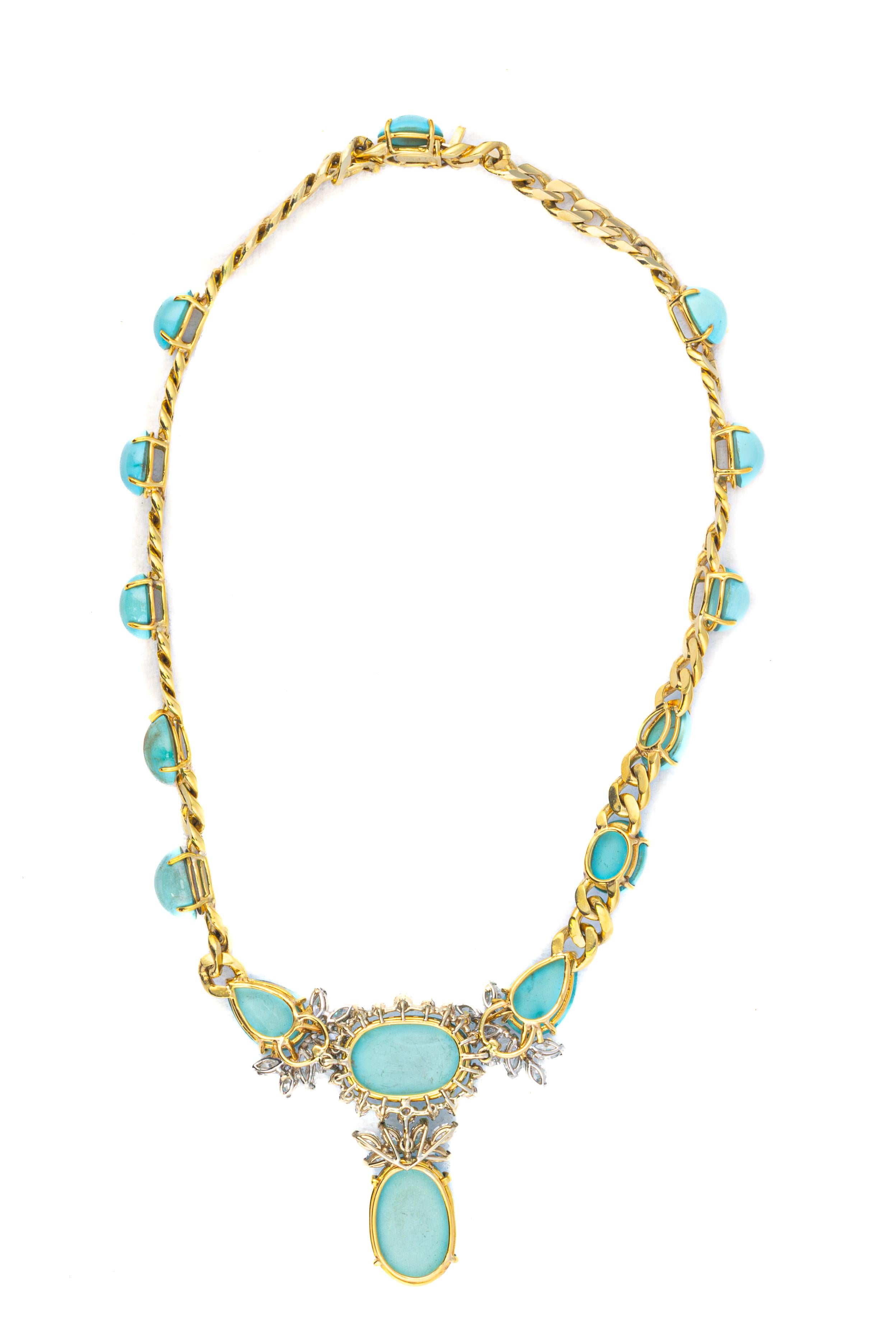 Taille ronde Collier Emis en turquoise et diamants en vente