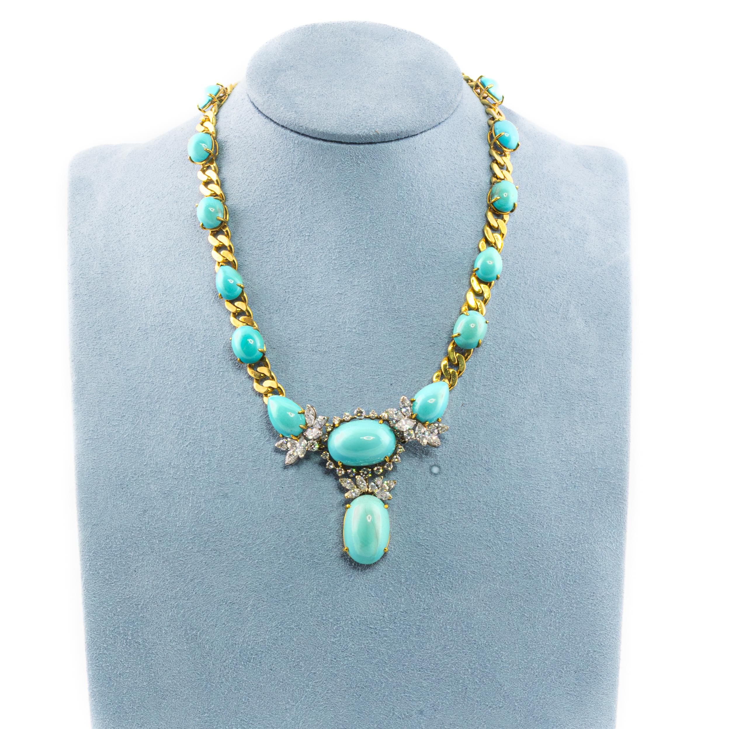 Taille ronde Collier Emis en turquoise et diamants en vente