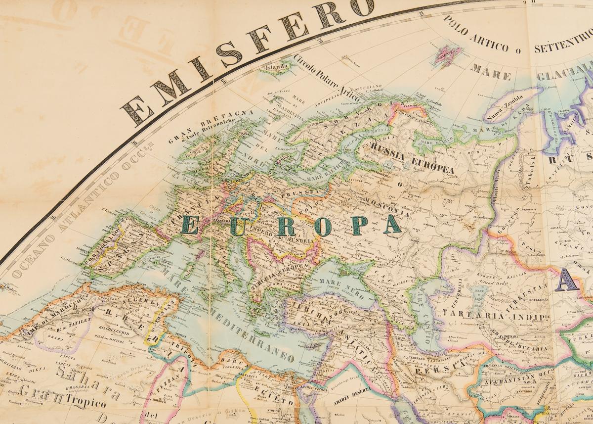 Emisfero Orientale, Antique Map of Eastern Hemisphere on Canvas In Good Condition For Sale In New York, NY