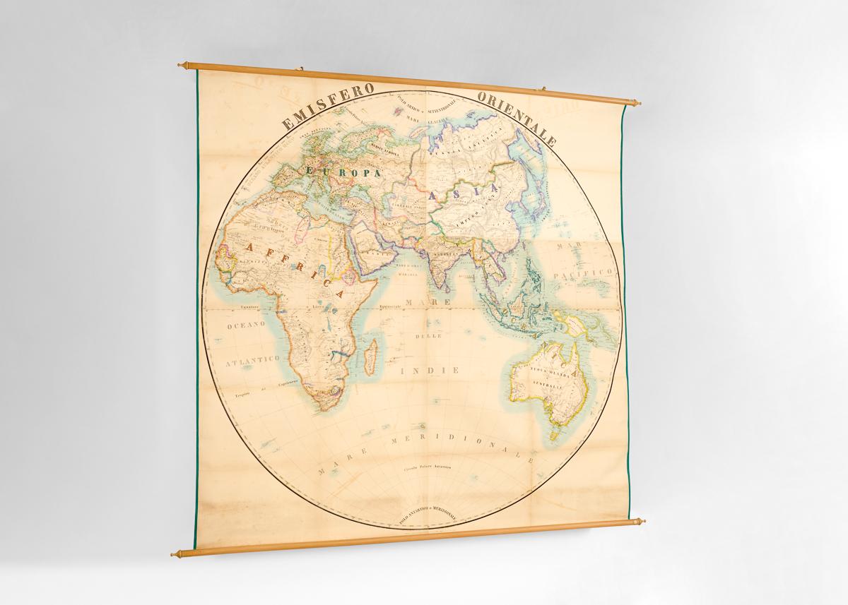 19th Century Emisfero Orientale, Antique Map of Eastern Hemisphere on Canvas For Sale