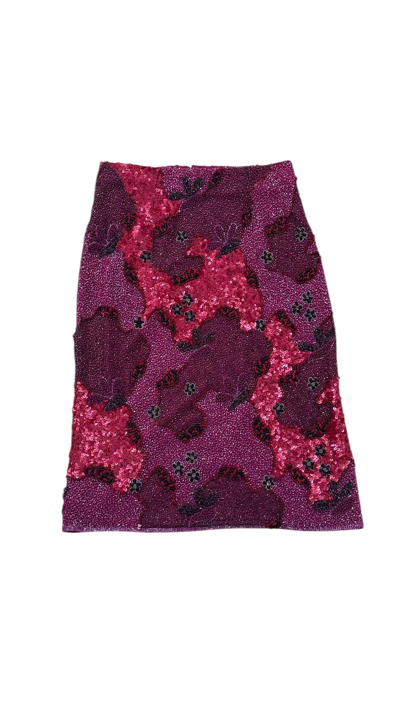 Emma Black Vintage Fuchsia Skirt w Beaded Flowers For Sale 7