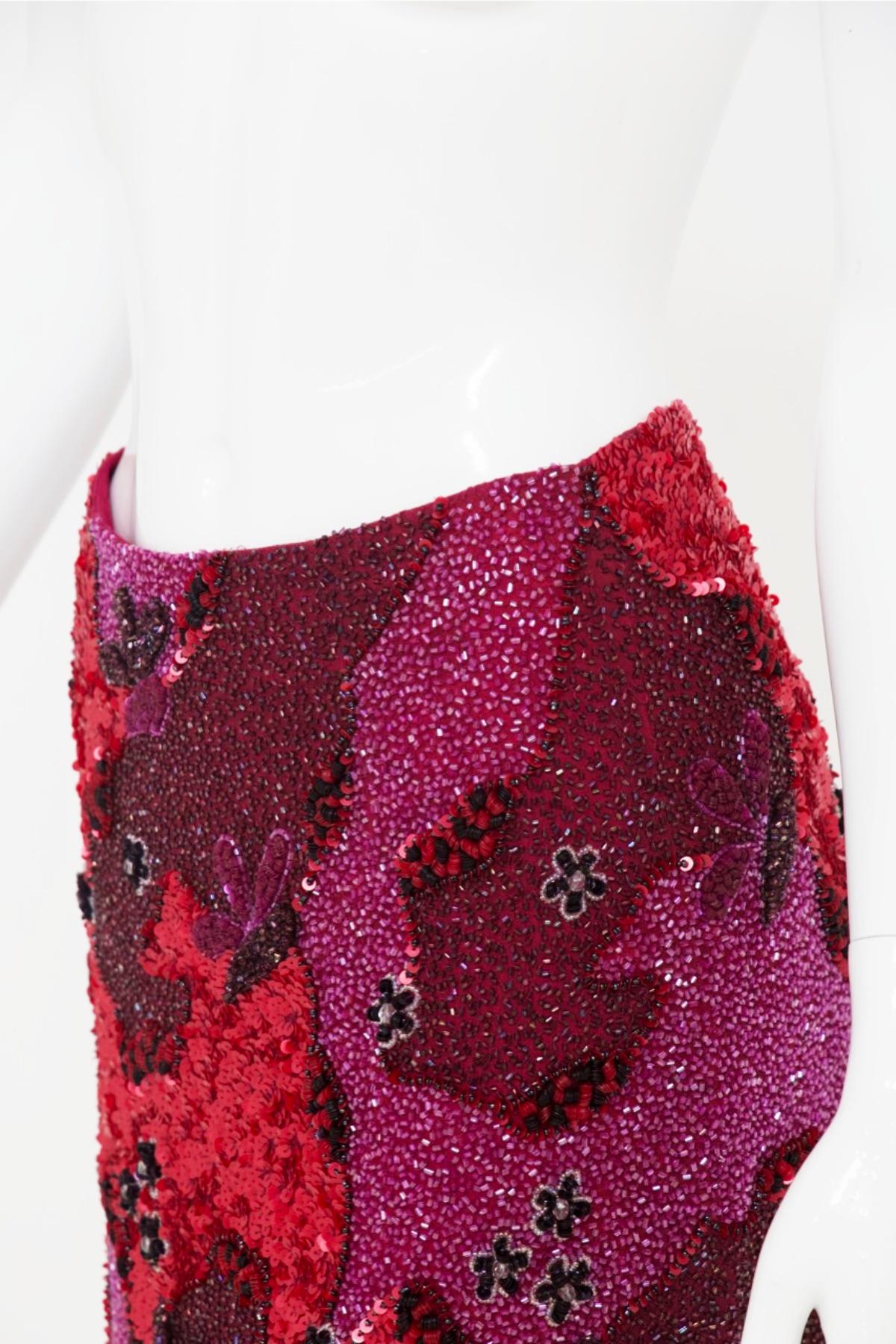 Pink Emma Black Vintage Fuchsia Skirt w Beaded Flowers For Sale
