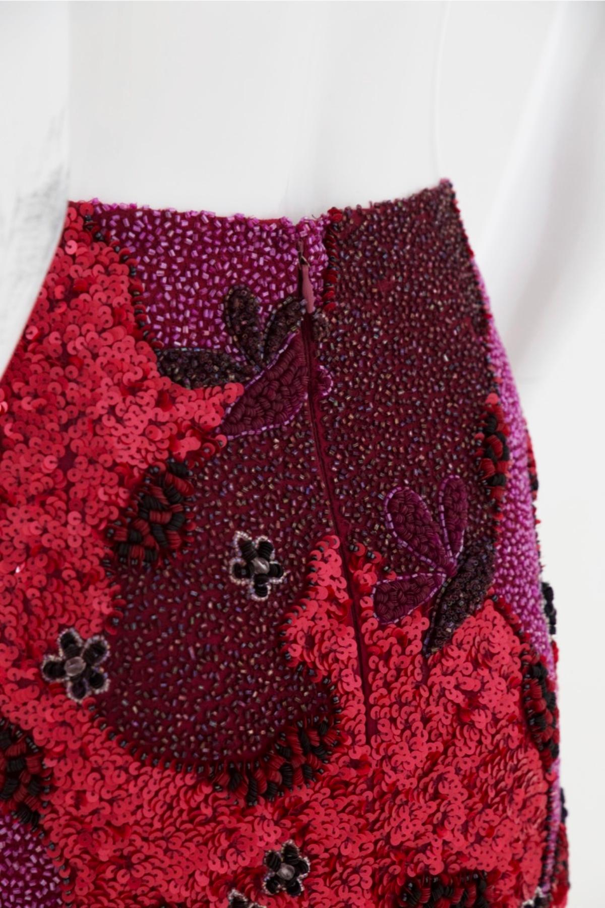 Emma Black Vintage Fuchsia Skirt w Beaded Flowers For Sale 1