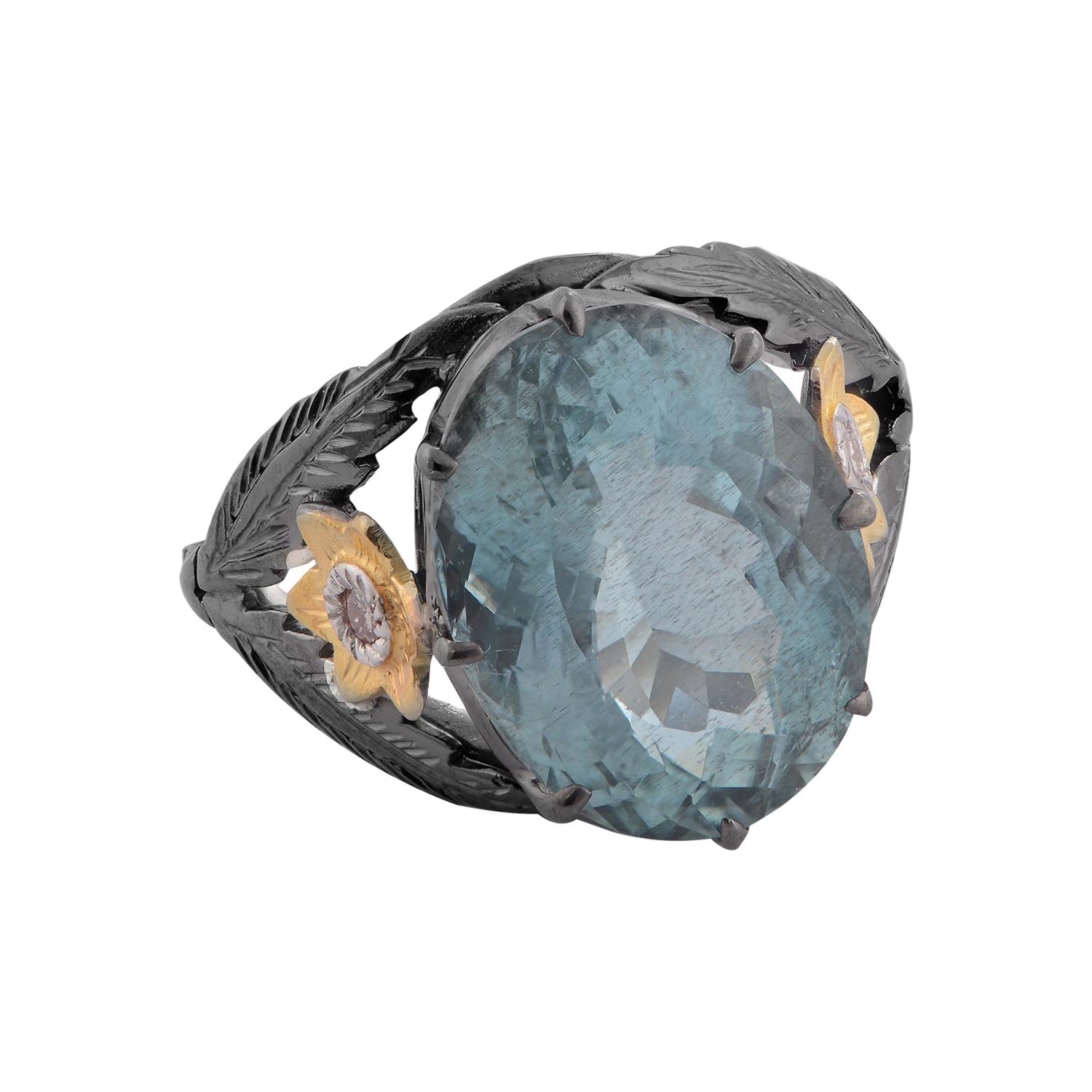 Aquamarine Diamond 18 Karat  Gold Silver Cocktail Ring