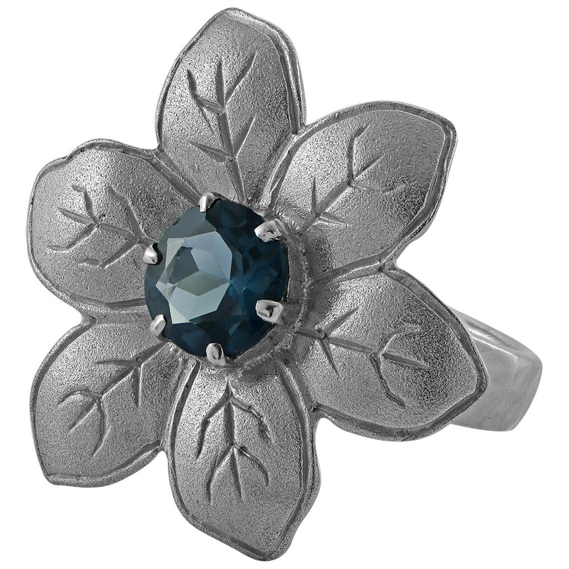  Blauer Topas Silber Blume Cocktail-Ring