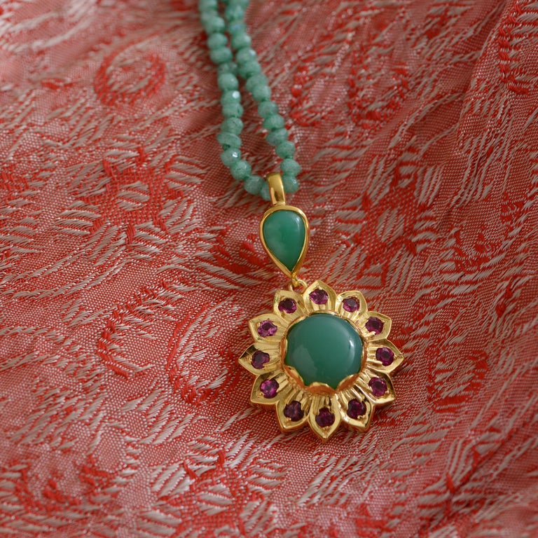 Emma Chapman Chrysoprase Tourmaline Gold Plate Pendant. 

This gorgeous statement pendant has been handmade in our workshop using chrysoprase and pink tourmaline gemstones.  Made in sterling silver with 24kt gold vermeil, we have added intricate