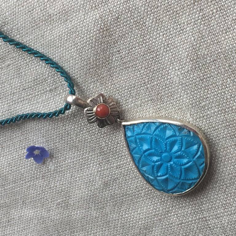 Contemporary Emma Chapman Coral Turquoise Carved Silver Pendant