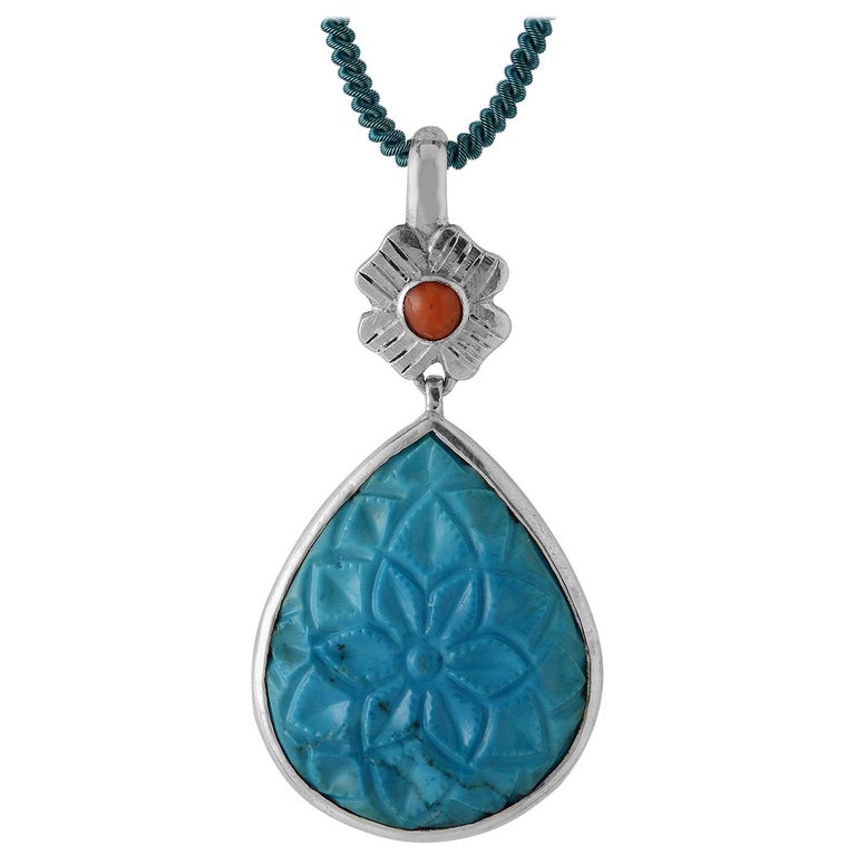 Emma Chapman Coral Turquoise Carved Silver Pendant