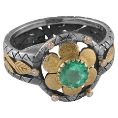 Emerald 18 Karat Gold Sterling Silver Flower Ring