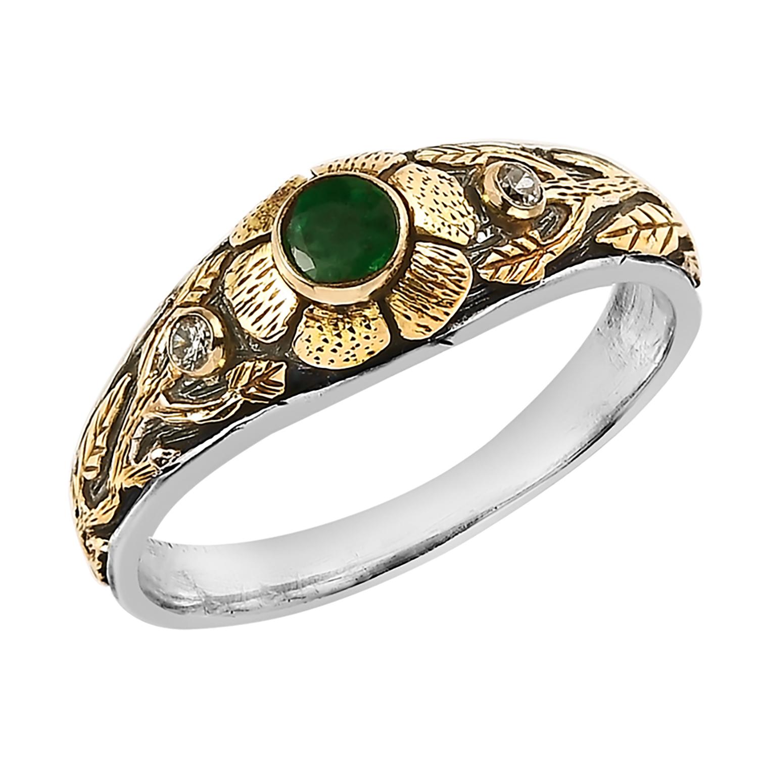 Taille émeraude Emma Chapman Bague florale en or jaune 18k et argent avec émeraude et diamant en vente