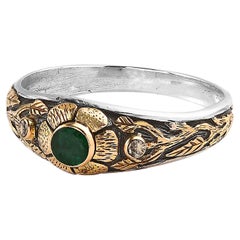 Emma Chapman Bague florale en or jaune 18k et argent avec émeraude et diamant