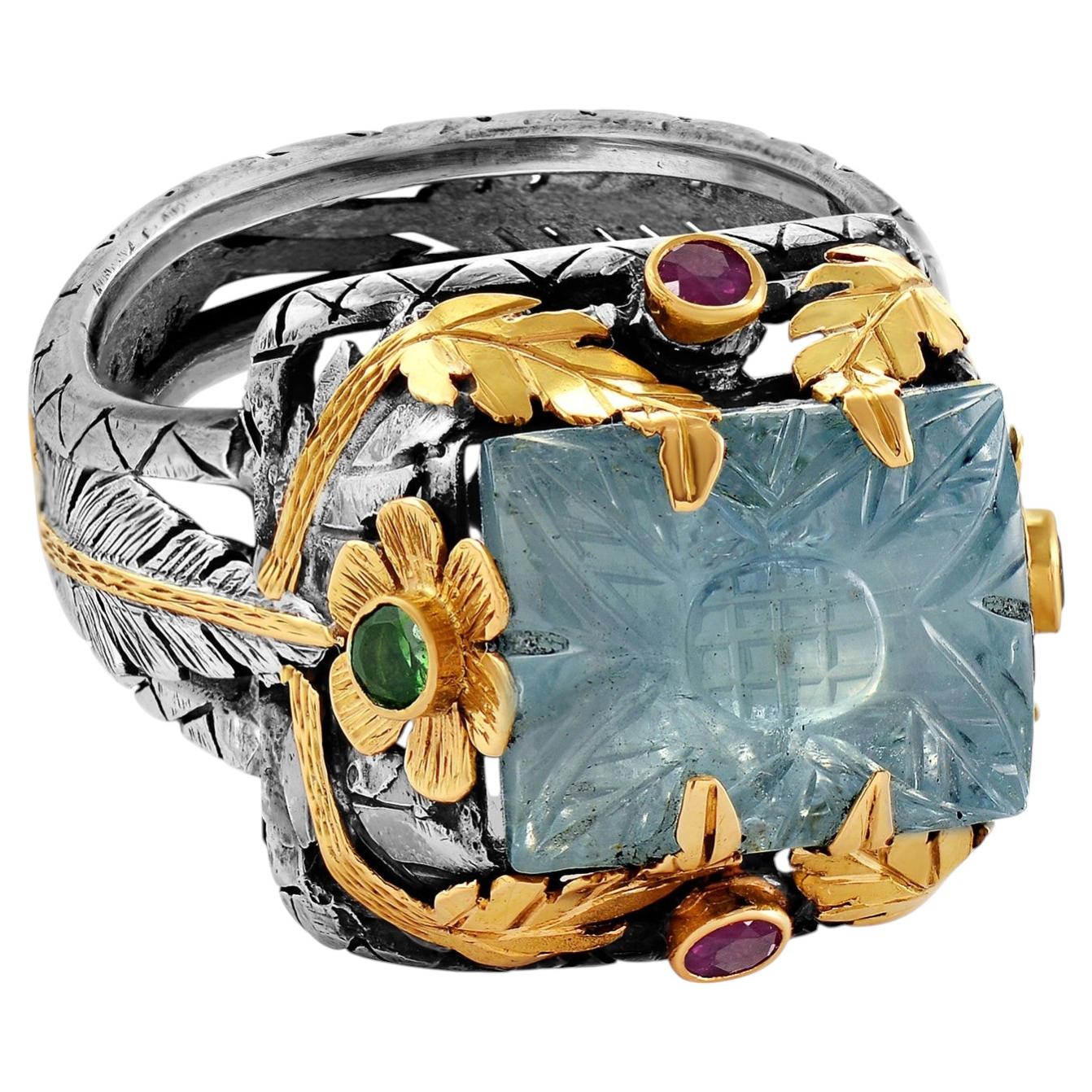 Emma Chapman Hand-Carved Aquamarine Ruby Tsavorite Statement Ring