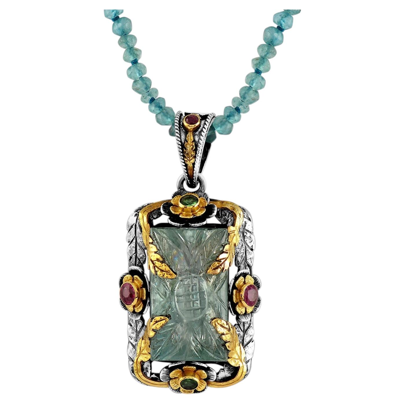 Emma Chapman Hand-Engraved Aquamarine Ruby Tsavorite 18k Gold Silver Pendant For Sale