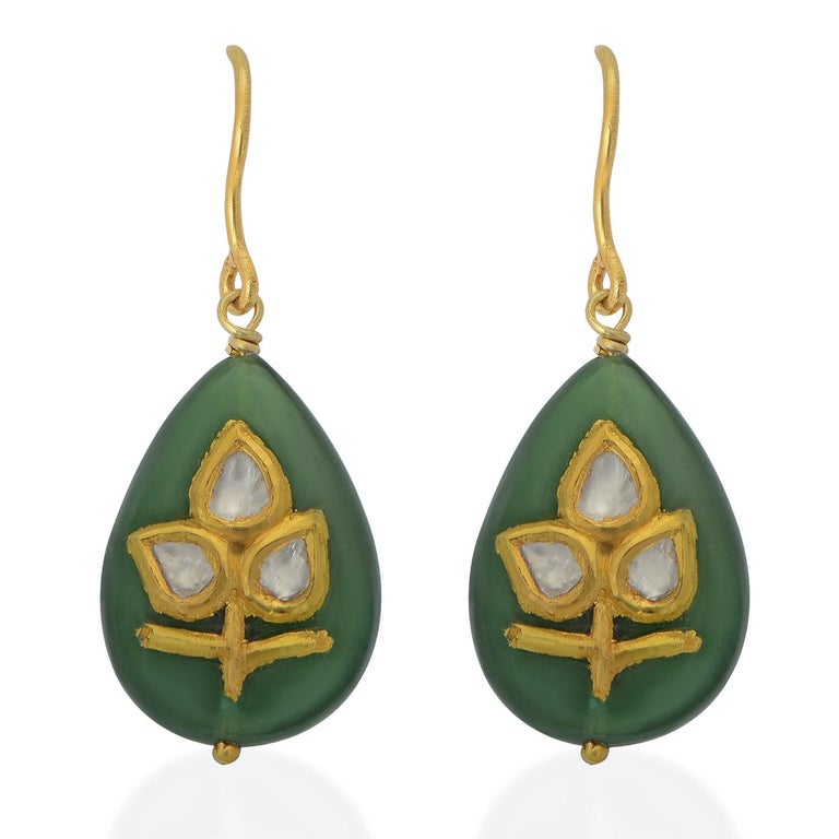 Cabochon  Jade Diamond 18 Karat Gold Drop Earrings For Sale