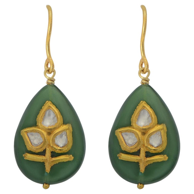  Jade Diamond 18 Karat Gold Drop Earrings For Sale