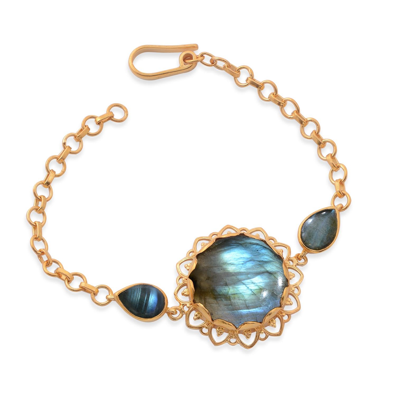  Labradorite Gold Plate Bracelet,. This beautiful bracelet has been handmade in our workshops. We have used jaali and embossed work and embedded it with labradorite. It is made in sterling silver with 24 karat gold vermeil. The bracelet has matching