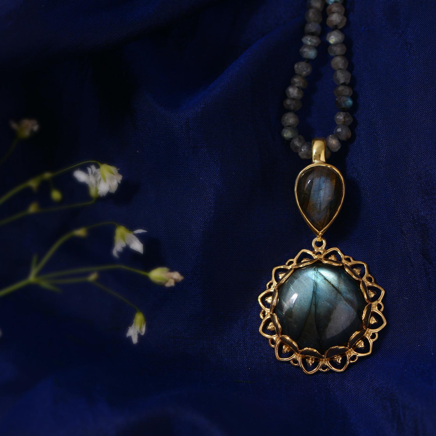 Contemporary Labradorite Gold Plate Statement Pendant For Sale