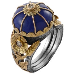 Emma Chapman Lapis Lazuli Diamond 18 Karat Yellow Gold Silver Cocktail Ring
