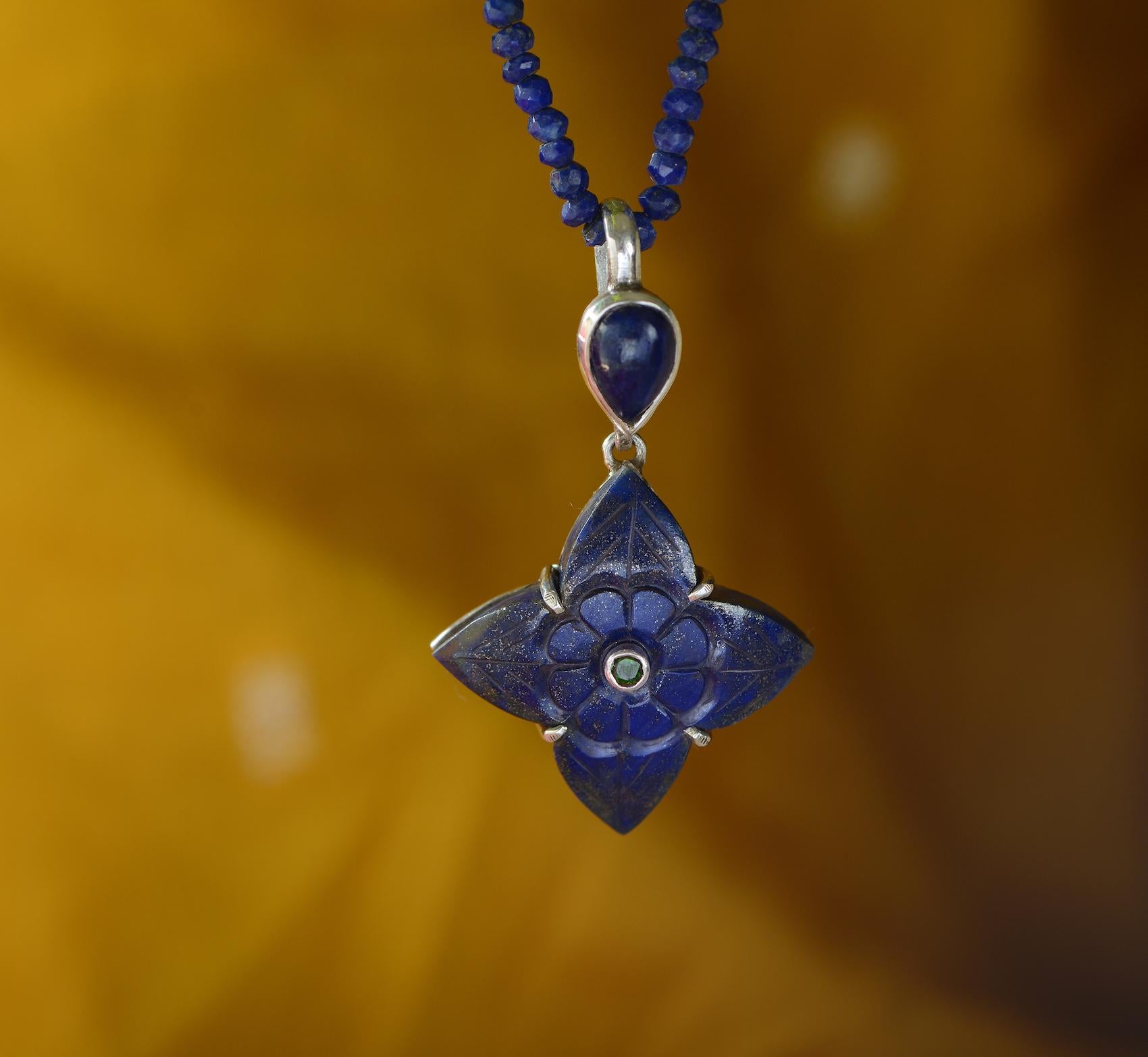 Cabochon Emma Chapman Lapis Lazuli Tsavorite Silver Pendant For Sale
