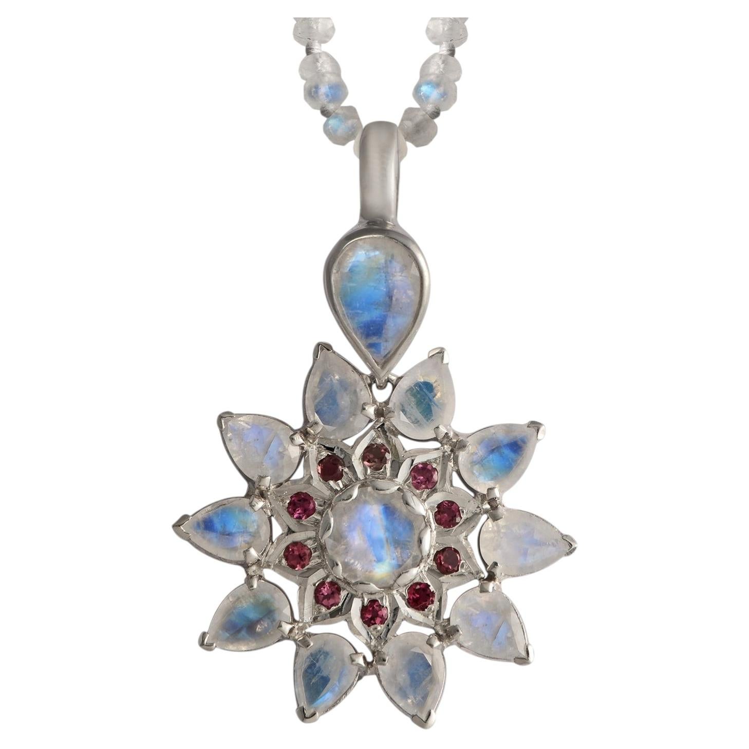 Handmade Sterling Silver Moonstone Star Pendant with Rhodolite Garnets For Sale