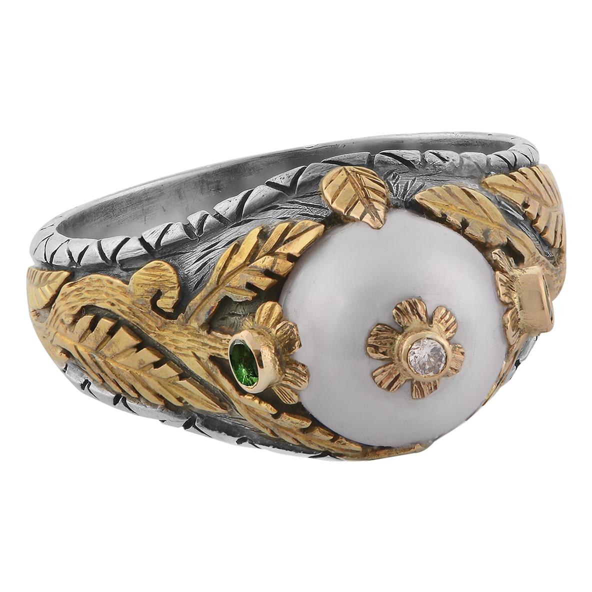 Emma Chapman Pearl Diamond Tsavorite 18kt Gold Ring