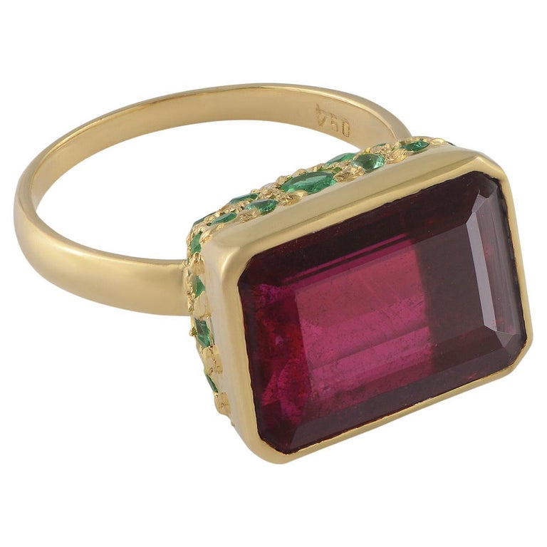 Rubellite Emerald 18 Karat Gold Cocktail Ring For Sale