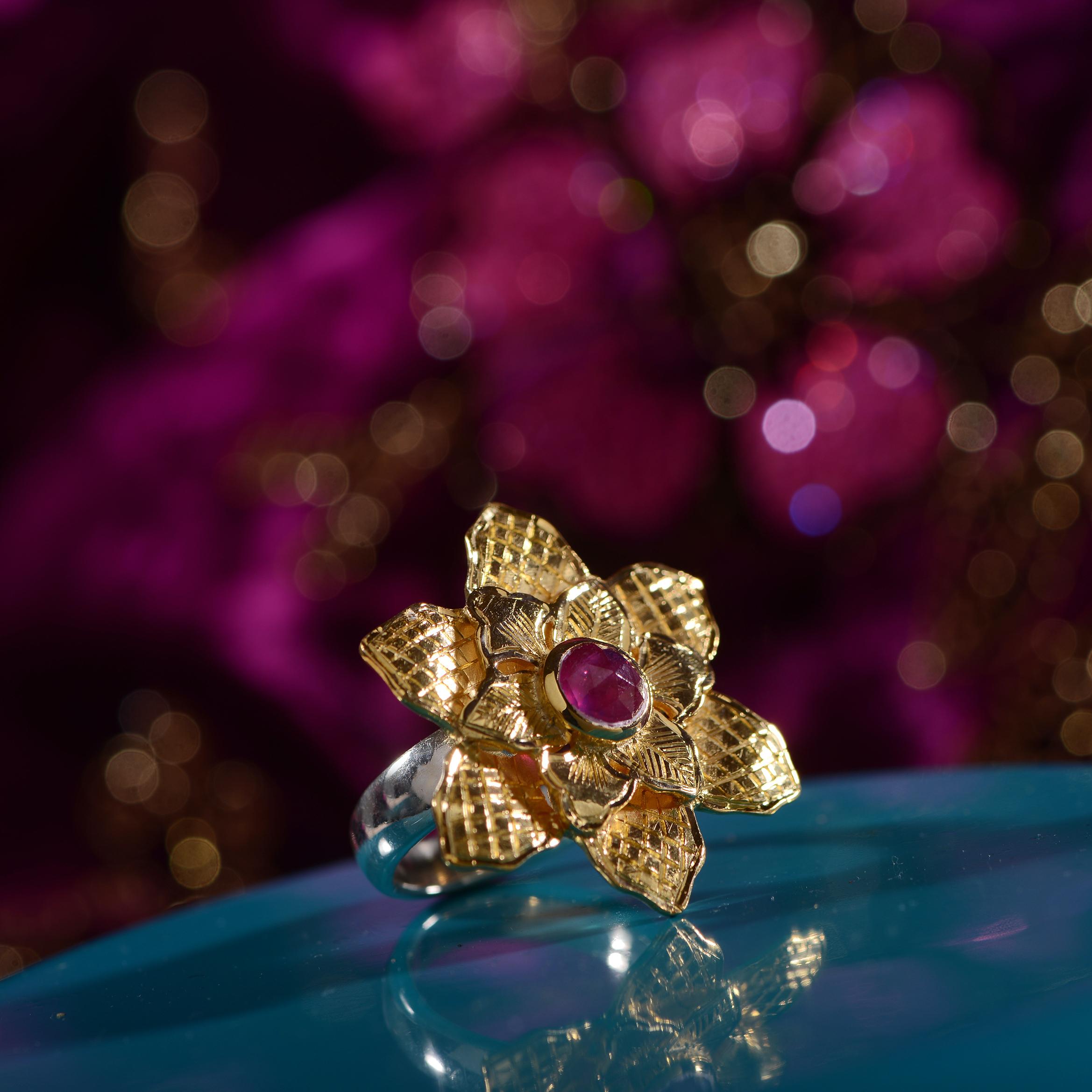 Contemporary  Ruby Gold Plate Statement Flower Ring For Sale