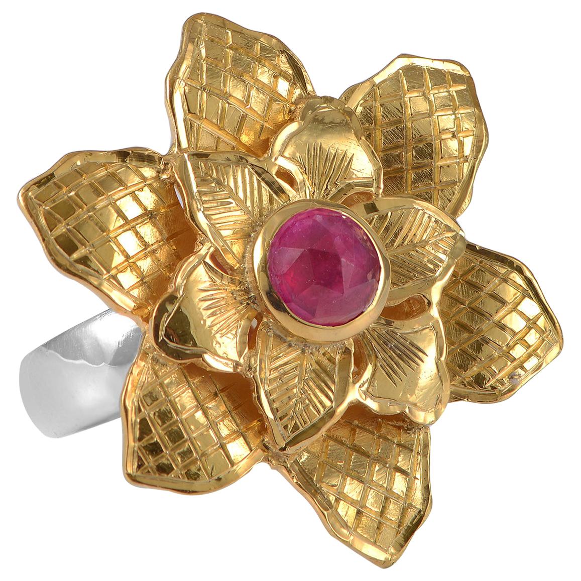  Ruby Gold Plate Statement Flower Ring