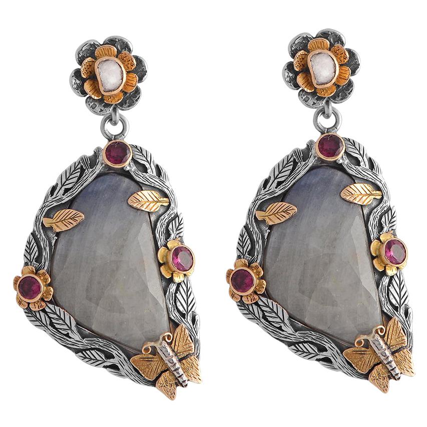 Boucles d'oreilles fantaisie en saphir, diamant et tourmaline