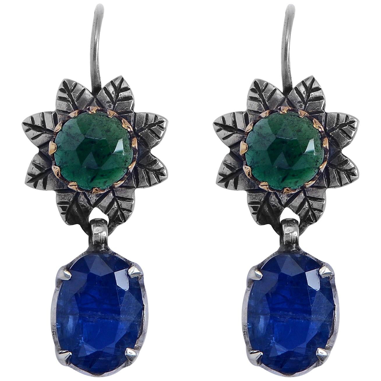 Tanzanite Diopside Silver 18 Karat Gold Drop Earrings