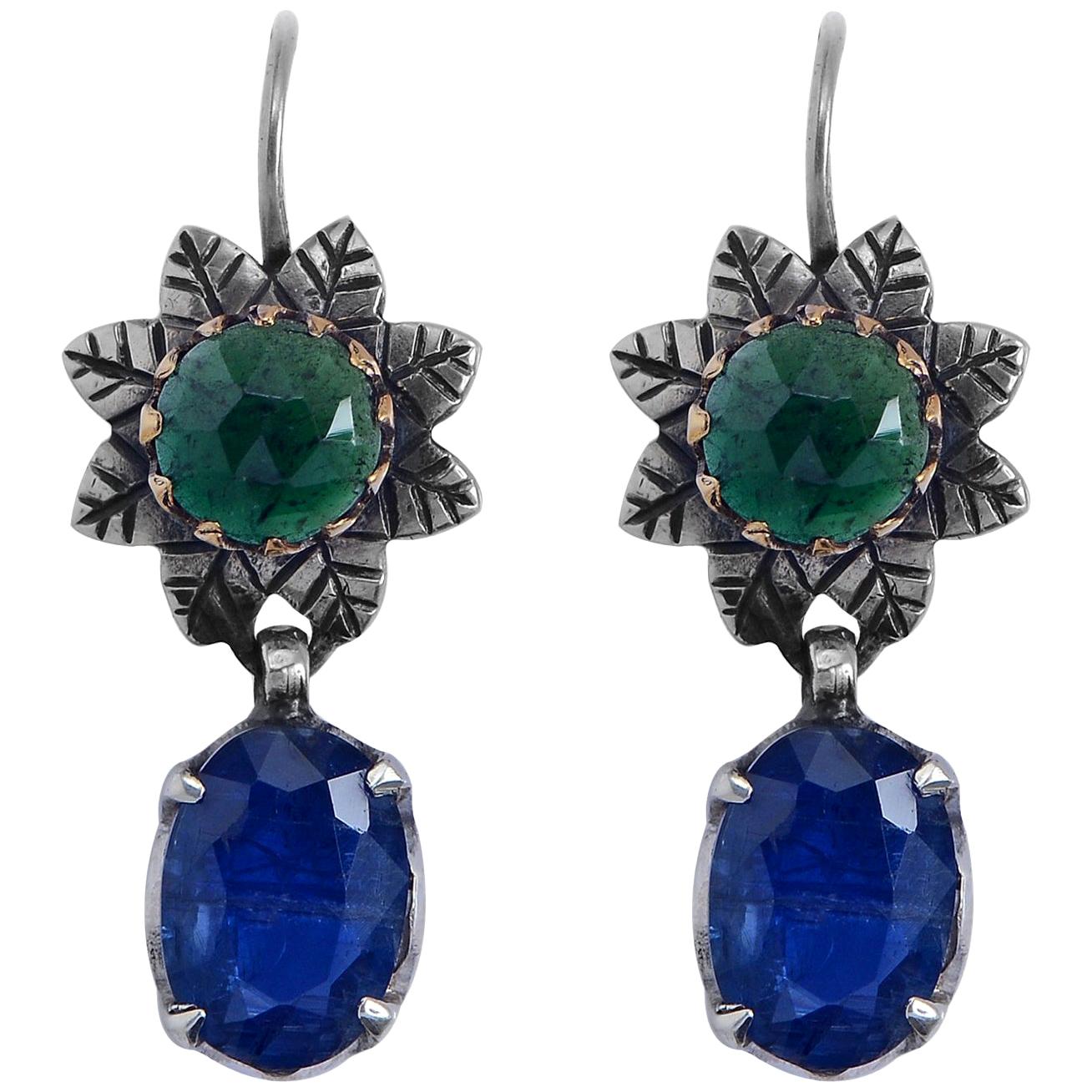  Boucles d'oreilles en goutte Diopside en argent et or 18 carats avec tanzanite