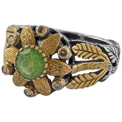  Tsavorite Diamond 18 Karat Yellow Gold Cocktail Ring