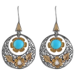 Turquoise Diamond 18 Karat Gold Silver Dangle Earrings